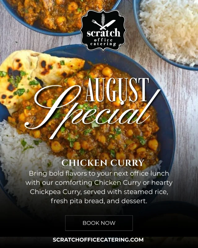 August Special is Here!  Comfort food is on the menu this month! Treat your team to a flavorful meal that's perfect for office lunches, meetings, trainings, and corporate events.  Choose Your Entrée:  Chicken Curry – Rich, savory, and perfectly seasoned for a satisfying meal everyone will enjoy.  Chickpea Curry (Vegan & Vegetarian) – A hearty plant-based option packed with bold flavor and wholesome ingredients.  Every meal includes:
Steamed Rice, Fresh Pita Bread and Desserts
✨ Only $17 per person  Whether you're feeding a small team or a large office, we've got lunch covered!  📞 Order today at 816-226-8059 or visit scratchofficecatering.com to reserve your August Special before it's gone!  #ScratchOfficeCatering #KansasCityCatering #OfficeCatering #CorporateCatering #LunchCatering #OfficeLunch #TeamLunch #KansasCityBusiness